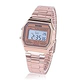 Armbanduhr Elektronische Uhr 3Colors Digital LED Rücklicht Elektronische Uhr-Rechteck mit Edelstahl Bügel (Roségold)