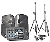 Vonyx PSS302 PA Anlage Komplettset mit Mischpult, mobile DJ Boxen, 300 Watt, Lautsprecher Set mit Mikrofon und Stativen, Bluetooth, USB, SD, Fernbedienung