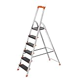 SONGMICS Leiter 6 Stufen, Trittleiter, Aluleiter, 12 cm breite Stufen, Werkzeugschale, rutschfest, bis 150 kg belastbar schwarz-orange GLT06BK