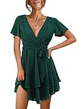 Beluring Kleid Damen V Ausschnitt Wickelkleid Hohe Taille Sommerkleid Stufenkleid Abendkleid Dunkelgrün M