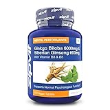 Ginkgo Biloba und Sibirischer Ginseng mit den Vitaminen B3 und B5, 120 Vegane Tabletten. Ginkgo Biloba Extrakt 6000mg und Sibirischer Ginseng 600mg, Boost für Körper und Geist. 4 Monate Vorrat