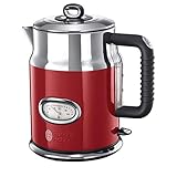 Russell Hobbs Wasserkocher [1,7l, 2400W] Retro Rot & polierter Edelstahl (Schnellkochfunktion, Wassertemperaturanzeige im Retrodesign, außenliegende Wasserstandsanzeige) Vintage Teekocher 21670-70