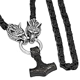 Halsketten Männer, Herren Wikinger Wolfskopf Schwarze Königskette Mjolnir Halskette Edelstahl Keltischer Odin Anhänger Handgefertigter Nordischer Heidnischer Amulettschmuck (Color : Black, Size :