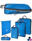 Outdoor Panda Ultraleichte Packtaschen mit Kompression - Wasserabweisende Packwürfel für Rucksack und Koffer - Packing Cubes als Gepäck Organizer und Kleidertasche | Set ( Größe S, M, L & XL) | Blau