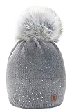 morefaz Wurm Winter Strickmütze Mütze Damen Kristalle Kiesel mit Große Bommel Pompon l SKI (Gray) (MFAZ Ltd)