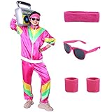 Alaiyaky 80er Jahre Outfit Damen Trainingsanzug 80er Jahre, Jacke /Hose /Stirnband /Armschienen /Brille, Retro Style Jogginganzug, 90er jahre outfit, Bad Taste Party, Karneval (Rosa Rot, M)