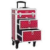 SONGMICS Kosmetikkoffer Trolley, Professionell Schminkkoffer, Friseurkoffer mit 4 Abnehmbaren Universalrollen, Oben mit 3 Etagen, Rot JHZ08RD