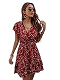 SheIn Damen Blümchen Kleid A-Linie Shortkleid Wickelkleid Hohe Taille Freizeitkleid Bömisch V-Ausschnitt Mini Kleider mit Gürtel Bordeaux M