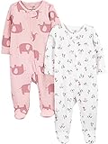 Simple Joys by Carter's Baby Mädchen Strampelanzug 2-Wege-Reißverschluss Thermo mit Füßen, 2er-Pack, Elfenbein, Floral/Elefanten, 0-3 Monate