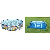 Bestway Steel Pro Frame Pool ohne Pumpe Ø 305 x 66 cm, buntes Zebra-Design, rund & Flowclear™ quadratische Bodenplane, 335 x 335 cm, für Aufstellpools bis Ø 305 cm, blau