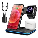 Wireless Charger, 3 in 1 Iduktive Kabellose Ladestation Qi Ladegerät mit 15W QC 3,0 Stecker für iPhon.e 14/13/12/11 ProMax/XS MAX/XR/X/8/App.le Watch 8/7/6/5/4/3/2/Air.pods 3/2/1 und Qi-fähige Handy