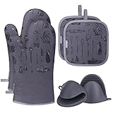 Ofenhandschuhe, Anti-Rutsch Topfhandschuhe Hitzebeständige 260°C mit Topflappen und Mini Ofen Mitt, Kochhandschuhe Grillen Backhandschuhe für Backen, Kochen, 6er Set