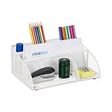 Relaxdays Schreibtisch Organizer, 5 Fächer, Mesh Design, Metall, HBT: 10,5 x 25,5 x 17 cm, Utensilienbox fürs Büro, weiß