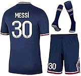 Fußballtrikot für Kinder, Fussball Jersey Football Trikots, Kurzarmtrikot Shorts Set, Nr.30 Messi Nr. 7 Mbappé, Fußballkleidung mit Socken, PSG 30