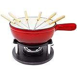 ToCi Fondueset inklusive 6 Fondue Gabeln | Käsefondue mit Stövchen 1,5 L | Emailliertes Fondue für Fleisch geeignet | Gusseisen Fondue auch mit Brühe universell einsetzbar | Schokofondue Farbe: rot