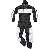 FLM Regenkombi Motorrad Regenbekleidung Regenanzug Sports Regenkombi, 1-TLG. mit Membran, integrierte Helmkapuze, wasserdicht, Winddicht, atmungsaktiv, Reißverschluss, Schwarz/Weiß, XL