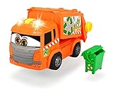 Dickie Toys Happy Garbage Collector, motorisiertes Müllauto, fährt vorwärts-rückwärts, Licht & Sound, inkl. Batterien, manuelles Heben und Senken des Containers und der Mülltonne, 25 cm groß, orange