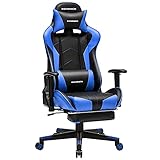 SONGMICS Gaming Stuhl, Bürostuhl, ergonomischer Schreibtischstuhl, ausziehbare Fußstütze, verstellbare Armlehnen, 90°-135° Neigungswinkel, bis 150 kg belastbar, schwarz-blau RCG016B02