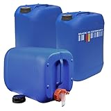 3x 25 Liter Getränke- Wasserkanister mit 1 Hahn und 3 Schraubdeckel (DIN 61) | Lebensmittelecht | BPA Frei | Tragbar | Indoor und Outdoor | Hergestellt in Deutschland | Blau