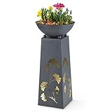 Hoberg LED Pflanzsäule Gingkoblätter-Design in Beton-Optik | Abnehmbare Pflanzschale (Ø 34cm) In- und Outdoor geeignet | Integrierte Beleuchtung, 6h Timer, kabellos [23 x 23 x 70 cm]