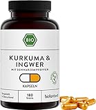 Kurkuma + Ingwer + Pfeffer Kapseln | BIO | 180 Stück | vegan und ohne Zusätze | in Deutschland hergestellt und laborgeprüft | bioKontor