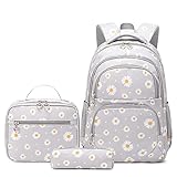 Schulrucksack Mädchen Teenager Damen Schultasche Canvas Schulranzen Set Blumen Rucksack für Mädchen Schule Freizeit mit Lunchpaket Tasche und Mäppchen (3 in 1 Grau)