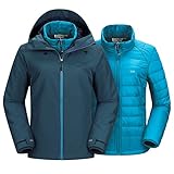 33,000ft Damen 3-in-1 Skijacke Wasserdichte Outdoorjacke Winterjacke Snowboardjacke Gefüttert Regenmantel Funktionsjacke Softshell Übergangsjacke Doppeljacke mit Kapuze & 7 Taschen, Blau 42