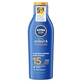 NIVEA SUN Protect & Moisture Sonnenmilch LSF 15 (200 ml), feuchtigkeitsspendende Sonnencreme mit LSF15, fortschrittlicher Sonnenschutzschutz, reduziert das Risiko von Sonnenallergien