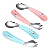 Liwein Baby Utensilien Löffel Gabel Set Edelstahl Baby Löffel Gabel Gebogen Fütterlöffel für Baby, Kleinkind, Kinder Selbsternährende Lernutensilien(4 Stück)