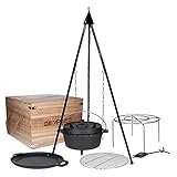 TP Premium BBQ Dutch-Oven Tripod Set, 7-teilig mit Feuer-Topf, Dreibein, Pfanne aus Gusseisen, Grillrost inkl. Grill-Zubehör und Holzkiste, ideal als Geschenk-Set