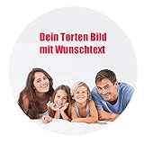 Tortenaufleger aus FONDANT mit Wunschfoto und Wunschtext individuell gestalten - Personalisiertes Geschenk zum Geburtstag, Taufe oder Hochzeit (Kreis ø20cm)