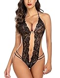 Avidlove Damen Reizwäsche Body Rückenfrei V-Ausschnitt Babydoll Lingerie Erotic Nachtwäsche Schwarz Small