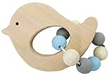 Hess Holzspielzeug 11110 - Greifling aus Holz mit kleiner Kugelkette, Nature Serie Vogel in Blau, für Babys ab 6 Monaten, handgefertigt, für Greifübungen und fröhlichen Spielspaß