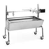 OneConcept Sauenland - Grill, Spanferkelgrill, Lammgrill, Holzkohlegrill, Elektro-Motor, Edelstahl-Drehspieß, höhenverstellbar, 2 Grillroste, 4 Rollen, mit Bremsen, Silber