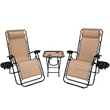 3-teiliges Sonnenliege Set, klappbar Liegestuhl mit verstellbarem Kopfpolster & Rückenlehne, Relaxliege für Mittagspause mit Beistelltisch & Getränkehalter, ergonomisch und atmungsaktiv, Beige