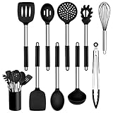 Küchenhelfer Set, Homikit 10 Stück Silikon Küchenutensilien Kochbesteck Set mit Edelstahlgriff, Antihaft Hitzebeständiger Schwarz Kochutensilien Set, Gesund, Spülmaschinenfest