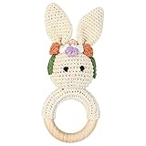 ARTESATR Geschenk zur Geburt Babyrassel Greifling Spielzeug Greifringe Baby Holzspielzeug Beißring Holz Rassel Baby Geburtsgeschenk (Beige-flower)