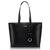 Cleo Amore Krokodilleder Handtasche Damen Shopper Tasche Leder Gross Schultertasche Henkeltasche Umhängetasche Schwarz