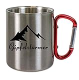 Edelstahltasse mit Carabiner - Gipfelstürmer - auch mit Name, Blechtasse, Campingtasse,Kaffeetasse mit Motiv,Bürotasse, bedruckte Tasse personalisiert mit Namen