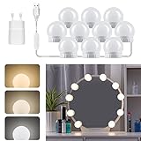 Spiegelleuchte Hollywood 10 LED Birnes mit Adapter, 3 Farbwechsel & 10 Helligkeit, Spiegellampe USB mit Schalter und Kabel, Spiegel Beleuchtung Dimmbar für Schminktisch Kosmetikspiegel