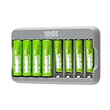 100% PeakPower Akku Ladegerät AA AAA | Batterieladegerät inkl. 8 NiMH Akkus ready2use (4X AA Akku + 4X AAA Akku), mit Überladeschutz, Sicherheits-Timer (USB-Akkuladegerät in plastikfreier Verpackung)