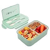 1000 ml Brotdose für Kinder Und Erwachsene, Wiederverwendbarer Bento Box Lunchbox mit 3 Fächern und Besteck, Vesperdose Mikrowelle Heizung (Grün)