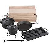 Dutch Oven Set, Gusseisen bereits eingebrannt, 7-teiliges Dutch Oven Set in Holzkiste, mit Kochtopf, Grillplatte, Stieltopf, Bratpfanne, Deckelheber und Untersetzer