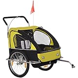 HOMCOM Kinderanhänger Fahrradanhänger Kinder Radanhänger für 2 Kinder mit Fahne Regenschutz atmungsaktiv Gelb+Schwarz Stahl 142 x 85 x 105 cm