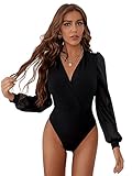 SheIn Damen Body Elegant Netzstoff Puffärmeln Bodys Langarm Wickeln Bodysuit Oberteil Blusebody Damenbody Schmal Bodysuits Tops Schwarz XL