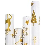 DERAYEE 4 Rolle goldene Weihnachten Geschenkpapier Weihnachtspapier Kraftpapier Geschenksverpackung Papier für Weihnachten (43.2 * 300 cm)