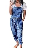 Onsoyours Frauen Jeans Klassisch Retro Hosenträger Latzjeans Röhrenjeans Straight Fit Overall Washed Jeanshose Damen Latzhose Ärmellos Mit Taschen A Dunkelblau L