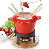 Virklyee Fondue Set Keramik Cheese Gusseisen Von 6 Gabeln Käse Fondue Set Schokoladen Fondue DIY Fondue Set Keramiktopf aus Gusseisen mit Brenner Käse Schokolade Brot Früchte Gemüse (Rot)