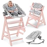 Hauck Alpha Plus Newborn Set mit Premium Bouncer - Baby Holz Hochstuhl ab Geburt mit Liegefunktion - extra flacher Aufsatz für Neugeborene & Baumwolle Sitzpolster - Rosa Grau