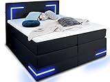 Wonello Boxspringbett 180x200 mit Bettkasten und LED Beleuchtung - gemütliches Bett mit led Beleuchtung - Stauraumbett 180 x 200 cm schwarz mit Matratze und Topper